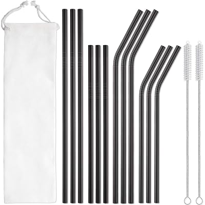 Stainless Steel Straws, 12 Pack Reusable Straws with Fabric Bag and 2 Cleaning Brushes, Metal Straws for 30oz&20oz Yeti Cups, Suitable for Cocktails, Drinks, Dishwasher