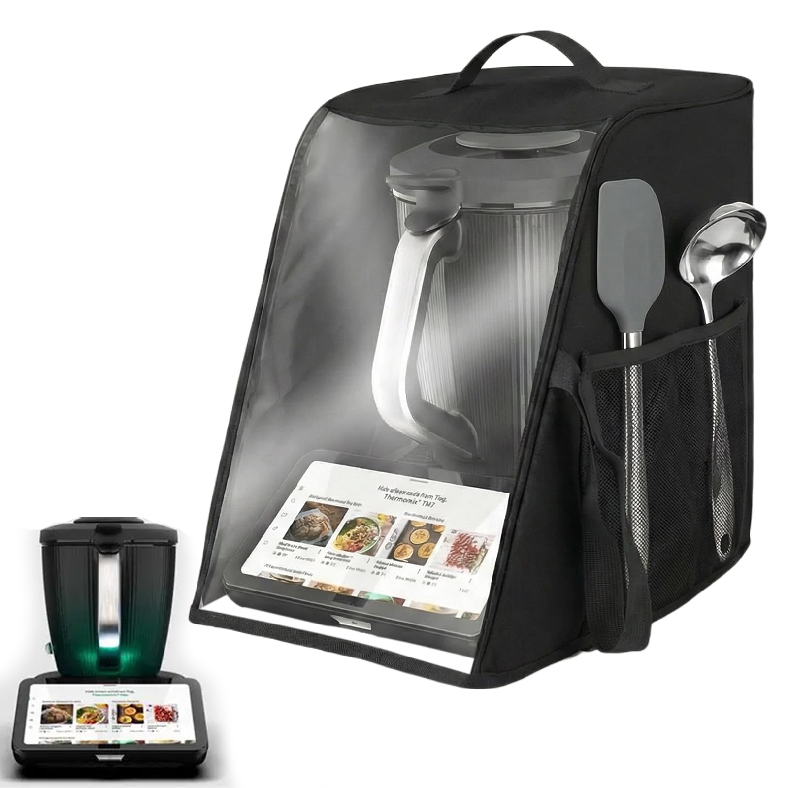 Cubierta protectora para Thermomix TM7, Funda thermomix tm7 con ventana de visualización transparente, diseño plegable, bolsillos para accesorios y asa de transporte Ideal para almacenar TM7