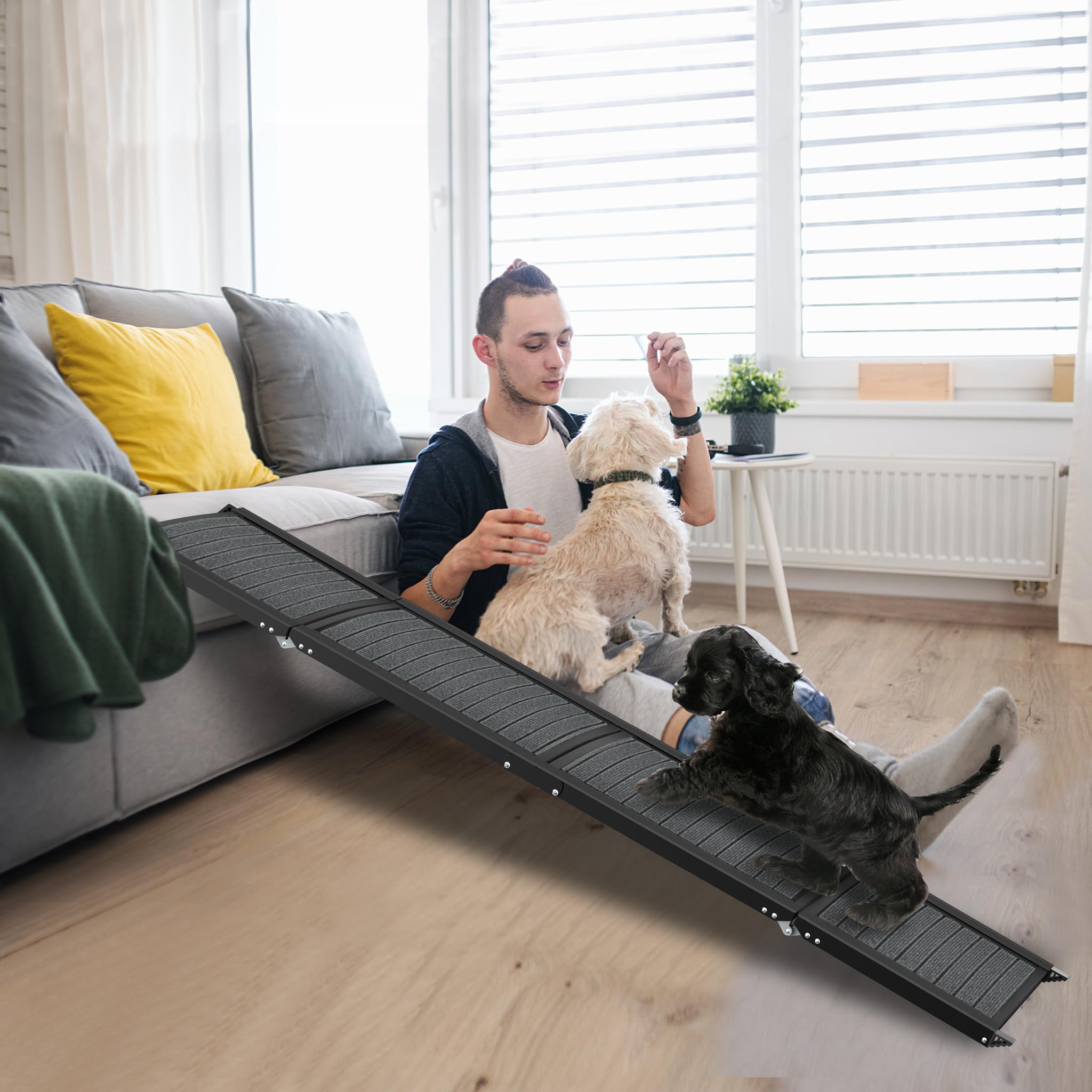XMTECH Składana rampa dla psów, 157 cm, rampa samochodowa dla psów, do bagażnika, do samochodów, ciężarówek i SUV, do 110 kg, lekka, stabilna, antypoślizgowa, czarna