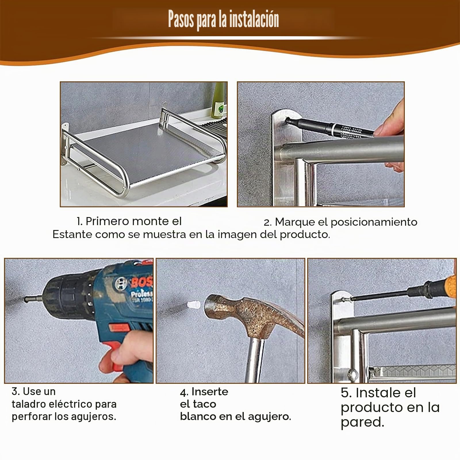 TWSOUL Estante para microondas, soporte de pared, estante de microondas con 4 ganchos, estante de pared de acero inoxidable para cocina, para horno, microondas, condimento, utensilios de cocina