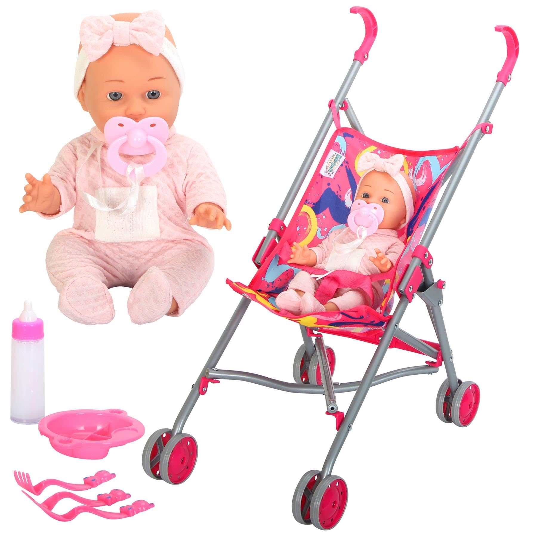 Bibi Doll Baby Doll Set With Pushchair & Feeding Accessories - Doll, Stroller, Milk Magic Bottle, Dummy, Accessories Set, Girls Toy Doll Stroller
