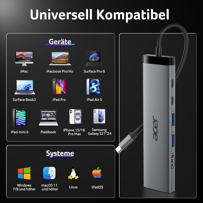 Acer 8 az 1-ben USB-C Hub 10Gbps 4K HDMI Docking Station 100W PD