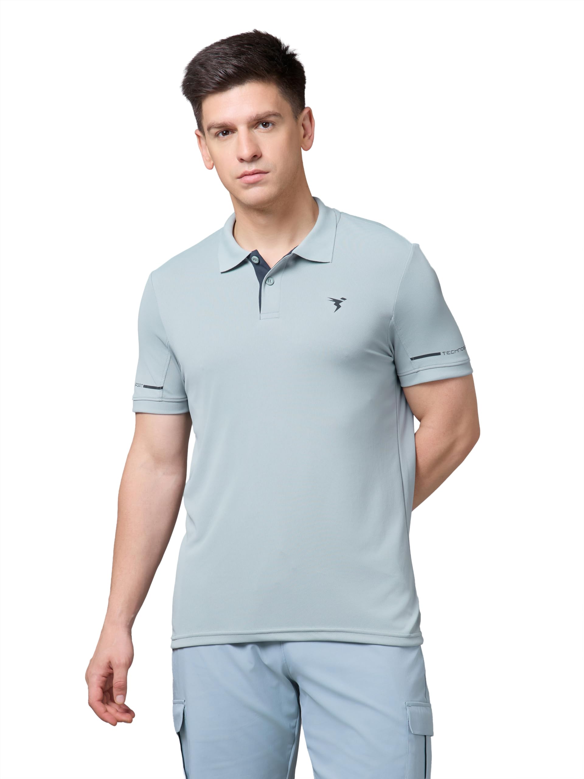 TECHNOSPORT Men's Solid Slim Fit Polo Collar T-Shirt TECHNOCOOL+ Half Sleeve Button Polyester for Gym Running Workout UPF50+ Anti Odour-picture-30