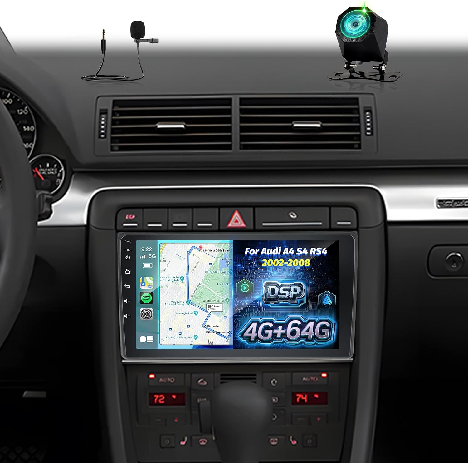 [4+64GB] Android Radio for Audi A4 S4 RS4 2002-2008: NHOPEEW 9 inch IPS Touchscreen A4 B7 Stereo - Wireless Carplay and Android Auto, Custom Homepage, DSP/EQ, 5G/WiFi, SWC + Rearview Camera + Canbus