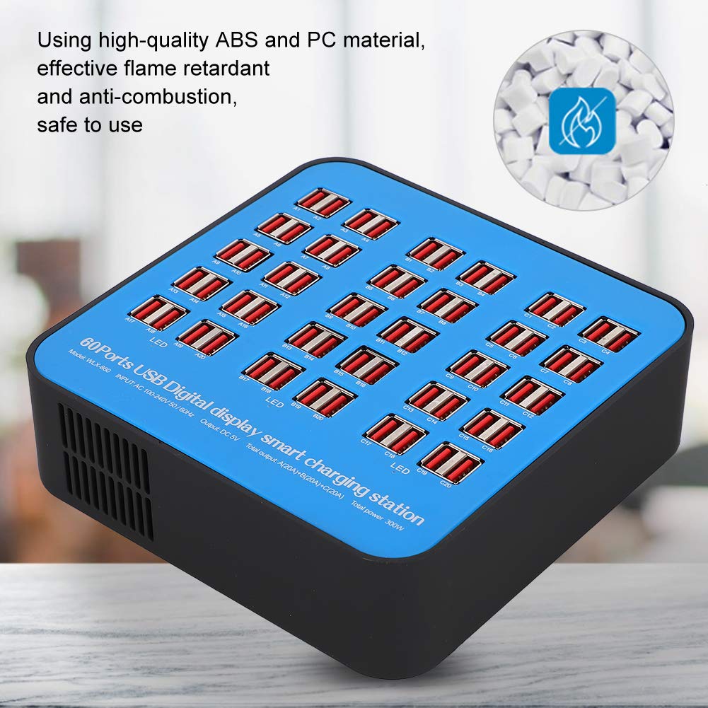 Inteligentna stacja ładująca USB, 3-kanałowa, 100 W, niezależne prądy, stacja USB, organizer, 60 portów, ładowarka USB, PC, ABS, ognioodporna, 300 W (UE)