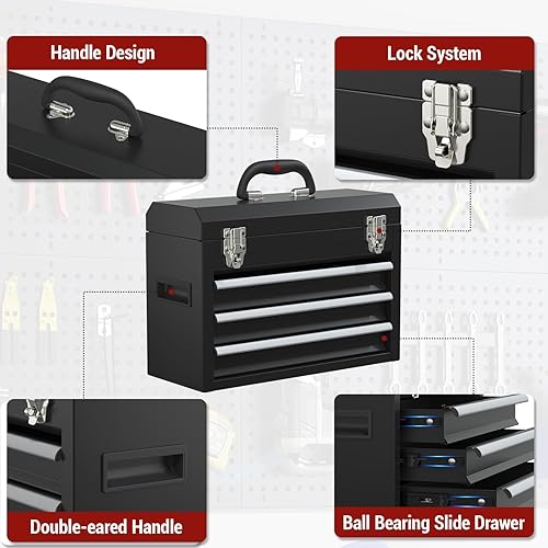 Miniatura 4 de Caja de herramientas pequeña de 3 cajones, caja de herramientas portátil de acero de 3 cajones con sistema de bloqueo, organización de caja de