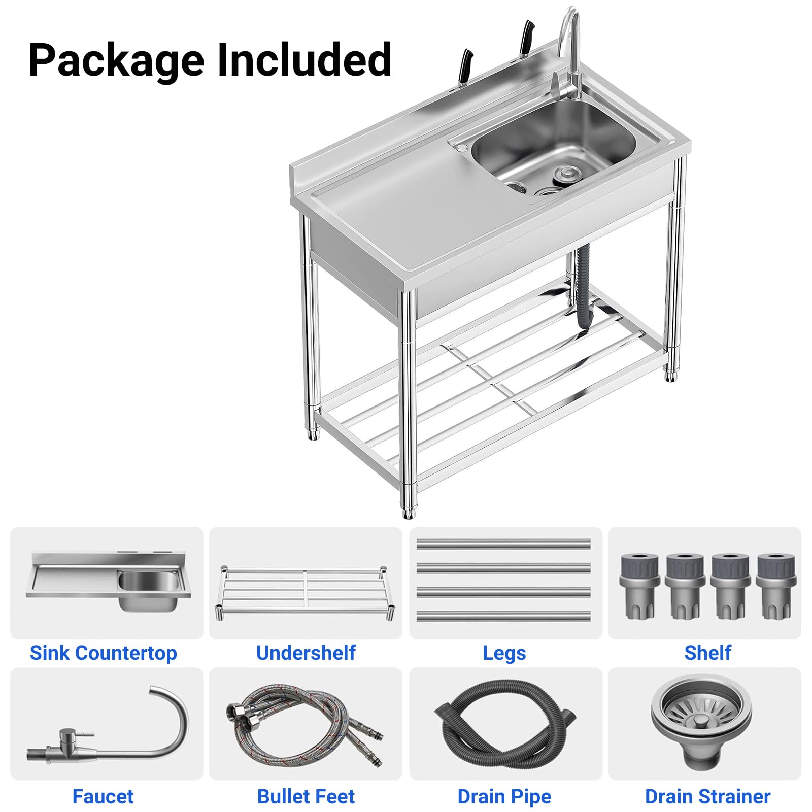 Évier Utilitaire en Acier Inox 1 Compartiment avec Table, Évier Autoportant à Cuve Simple avec Robinet et Pieds, Grand Évier Professionnel pour Cuisine, Buanderie, Salle de Bain et Jardin