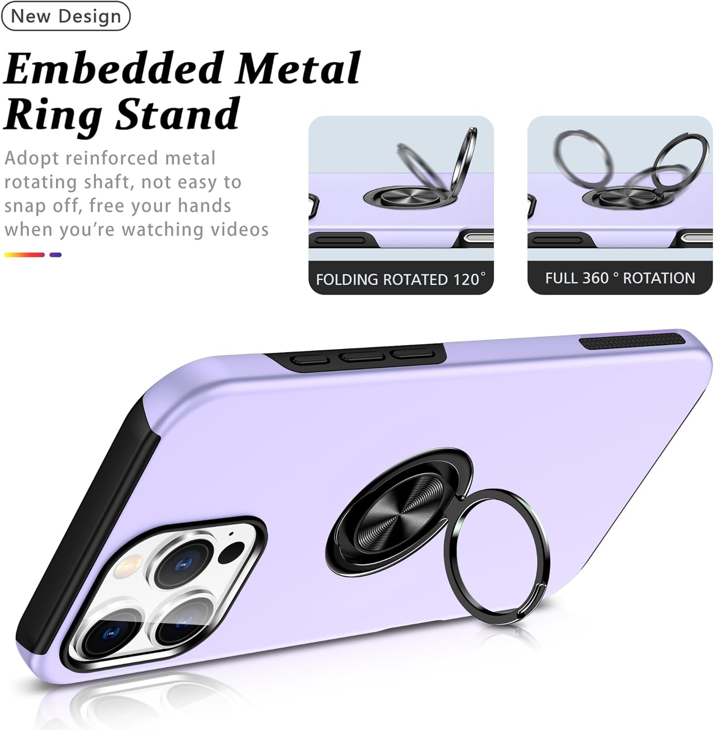 PELEPUES Shockproof Case for iPhone 16 Pro 6.3'', [Embedded Finger Ring] Military Grade Phone Case Cover with Reinforced Stand Kickstand [Support Magnetic Car Holder] for iPhone 16 Pro, Lavender - Image 3