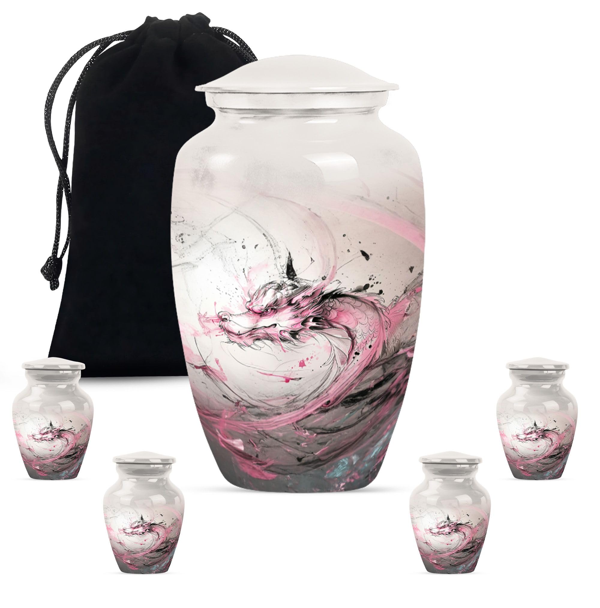 YATHABHISA Dragon Urn, Ashes Urn - Unique Urns - Cremation Urn for Human Ash - Keepsake Urns - Combo of 1 Large Urn with Velvet Bag and 4 Small - Funeral Urns for Ashes - Adult Urns, Black