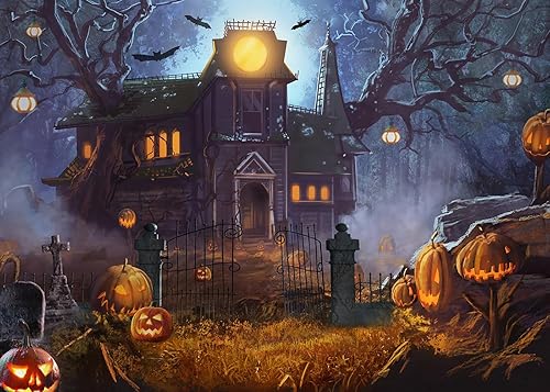 Miniatura 1 de Dudaacvt Telón de fondo de Halloween de 8 x 6 pies, noche de terror, luna, cementerio, calabaza, farol, telón de fondo para Halloween, niños,