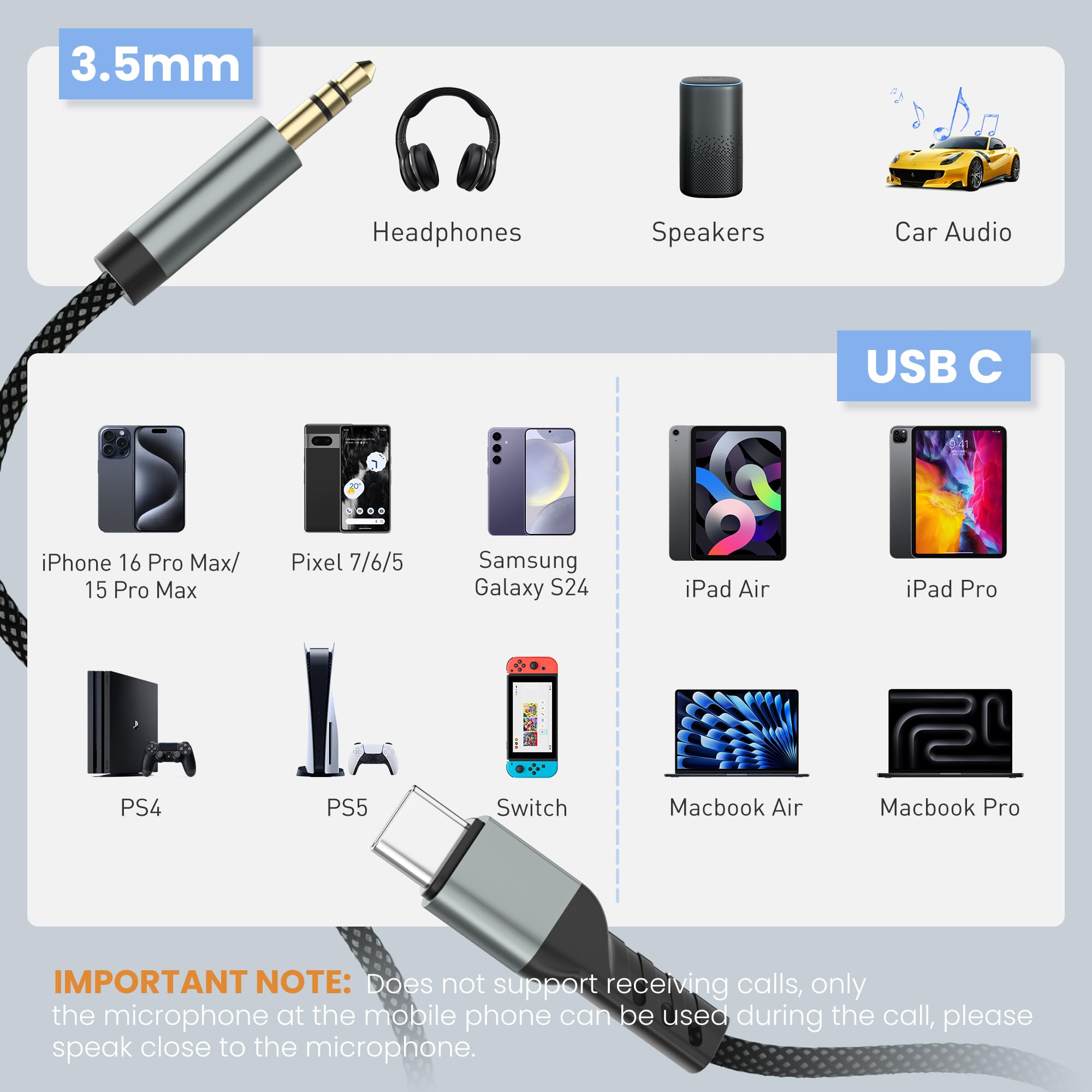 YISH Kabel Aux USB C 1M: kabel USB C na 3,5 mm Aux Jack, kabel typu C na 3,5 mm Audio Nylon z chipem DAC kompatybilny z iPhone 17 Pro/16 Pro Max, Samsung Galaxy S25/S24/S23, Ultra Audio, do samochodów