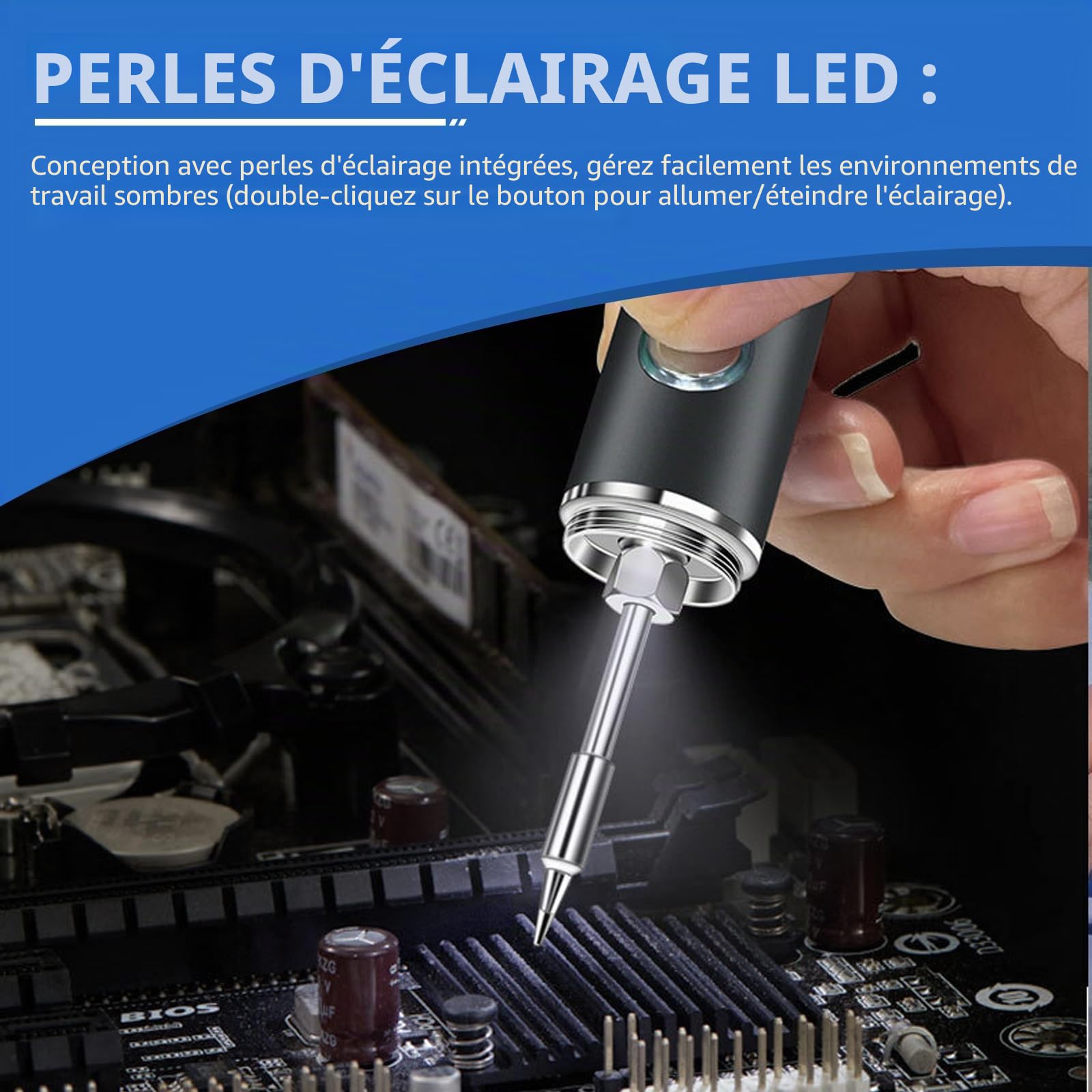 Kit de fer à souder sans fil, portable, rechargeable par USB, avec mode d'éclairage, LCD et 2 pointes interchangeables, 8 W, 5 températures réglables (260 ℃ à 420 ℃) pour réparer le soudage