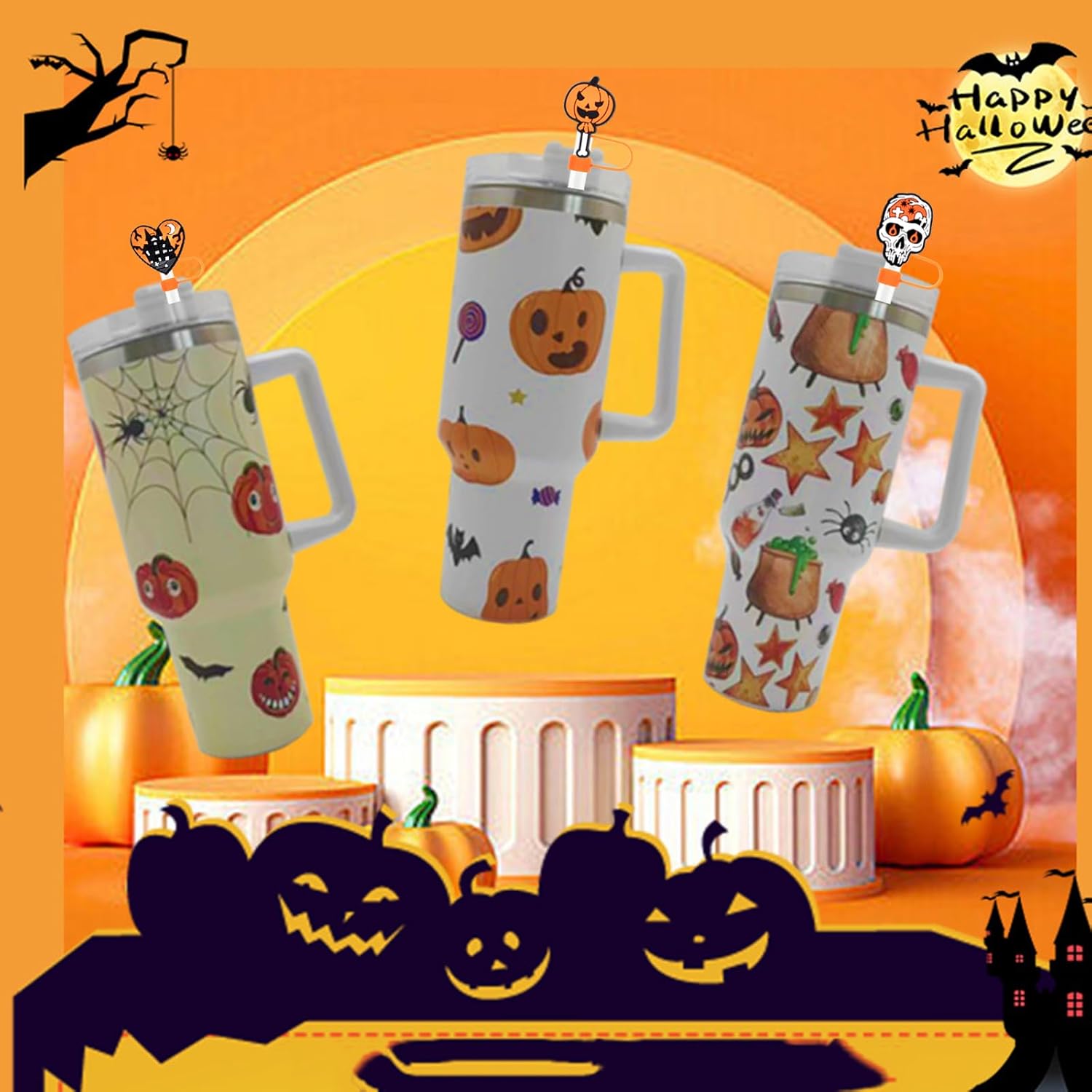 Stanley Straw Cap 6PCS, Topper for Stanley 30&40 Oz Tumbler - Spider Pumpkin Skull Silicone Straw Covers for Halloween Gifts - Image 3