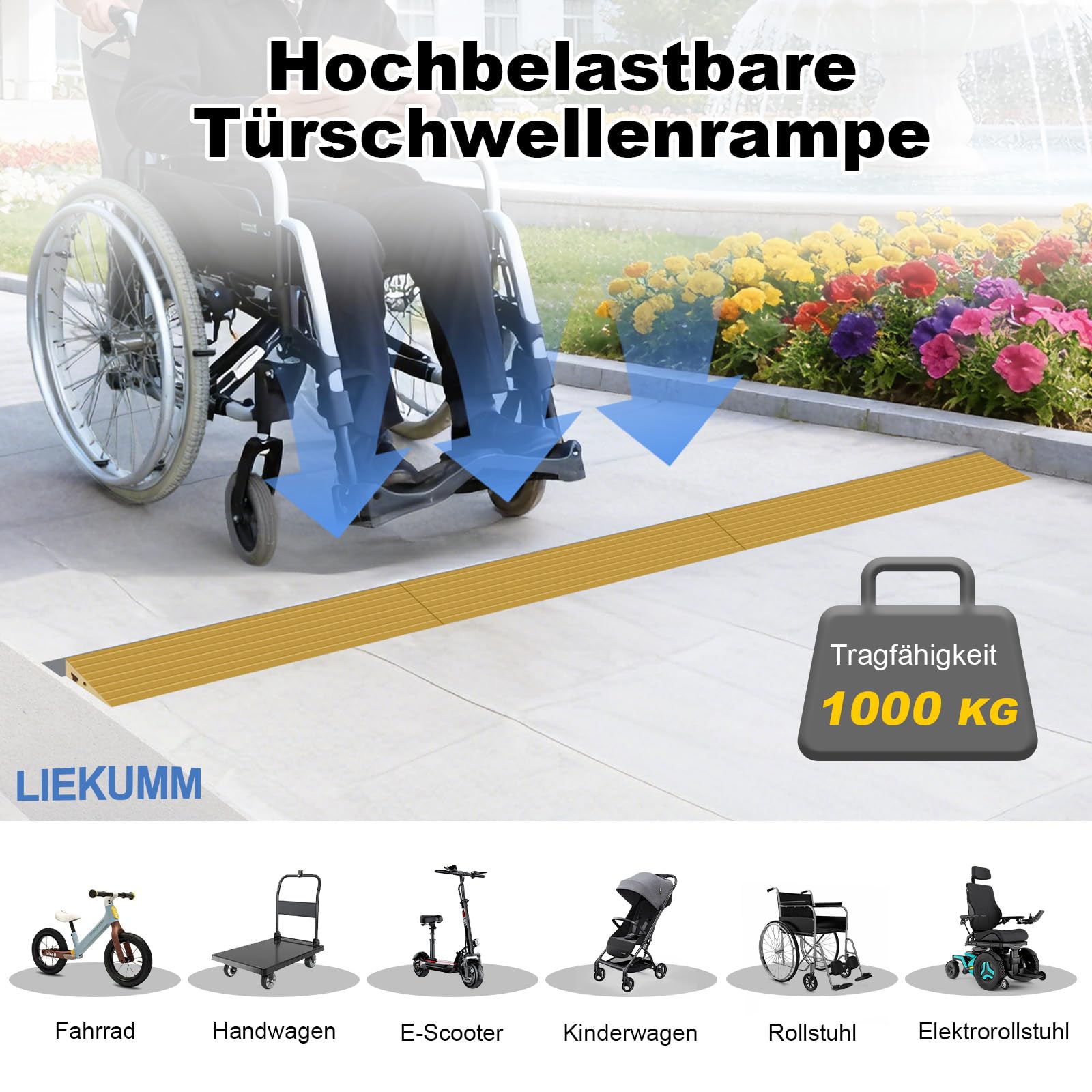 LIEKUMM Rampa progowa, 90 x 7,5 x 1,5 cm, rampa dla wózków inwalidzkich, rampa progowa PCW, rampa dla wózków inwalidzkich, wózków dziecięcych, chodzików lub skuterów elektrycznych, żółta