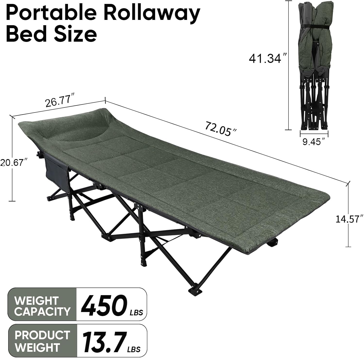 Northroad Camping Cot for Adults with Cushion and Pillow, Portable Folding Bed for Sleeping, Lightweight Tent cot with Carry Bag Supports 450 lbs (Green)