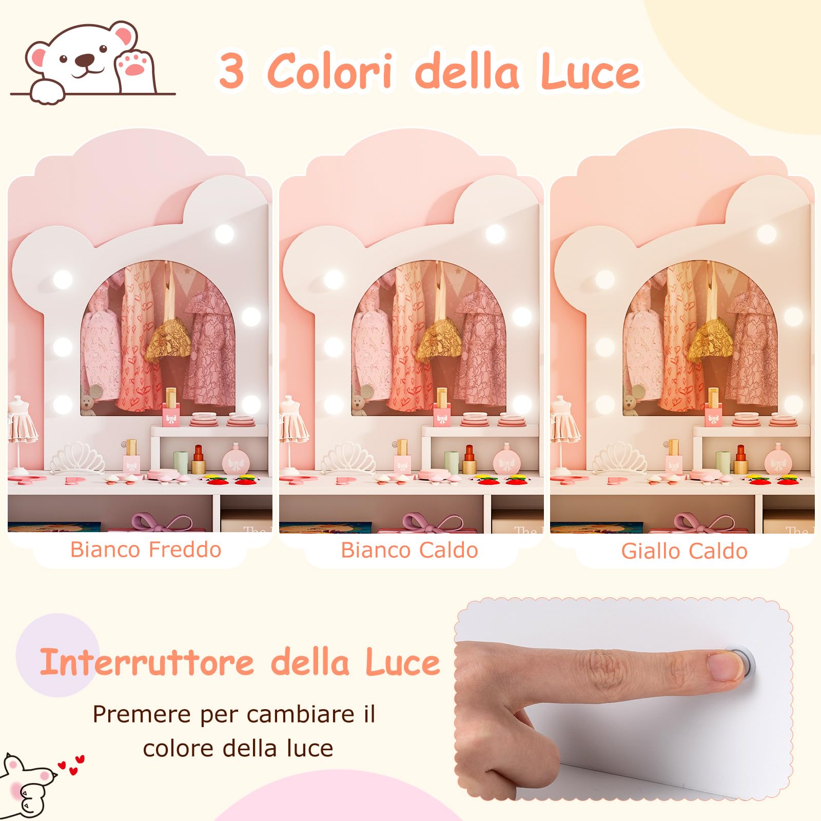 COSTWAY Toeletta per Bambine 3+ Anni, Set Tavolo e Sedia con Luci da Principessa con 5 Cassetti e 2 Scomparti, Armadietto con Porta e Scaffale Aperto, Ideale per Cameretta Bambina (Bianco)
