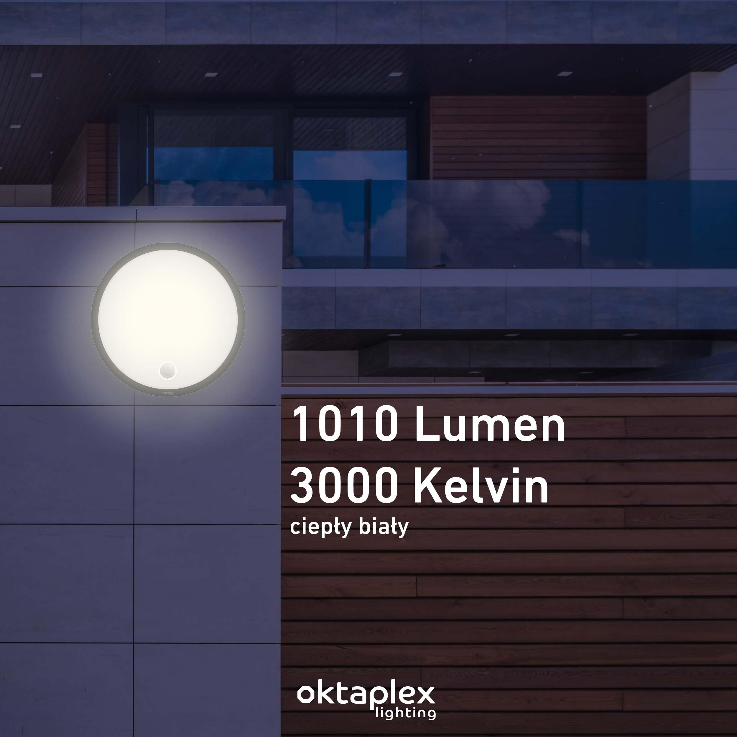 Oktaplex Plato lampa zewnętrzna z czujnikiem ruchu 3000K ciepła biel i przełącznik światła ciągłego 1010lm lampa ścienna LED IP65 okrągła antracytowa 10,5W 230V