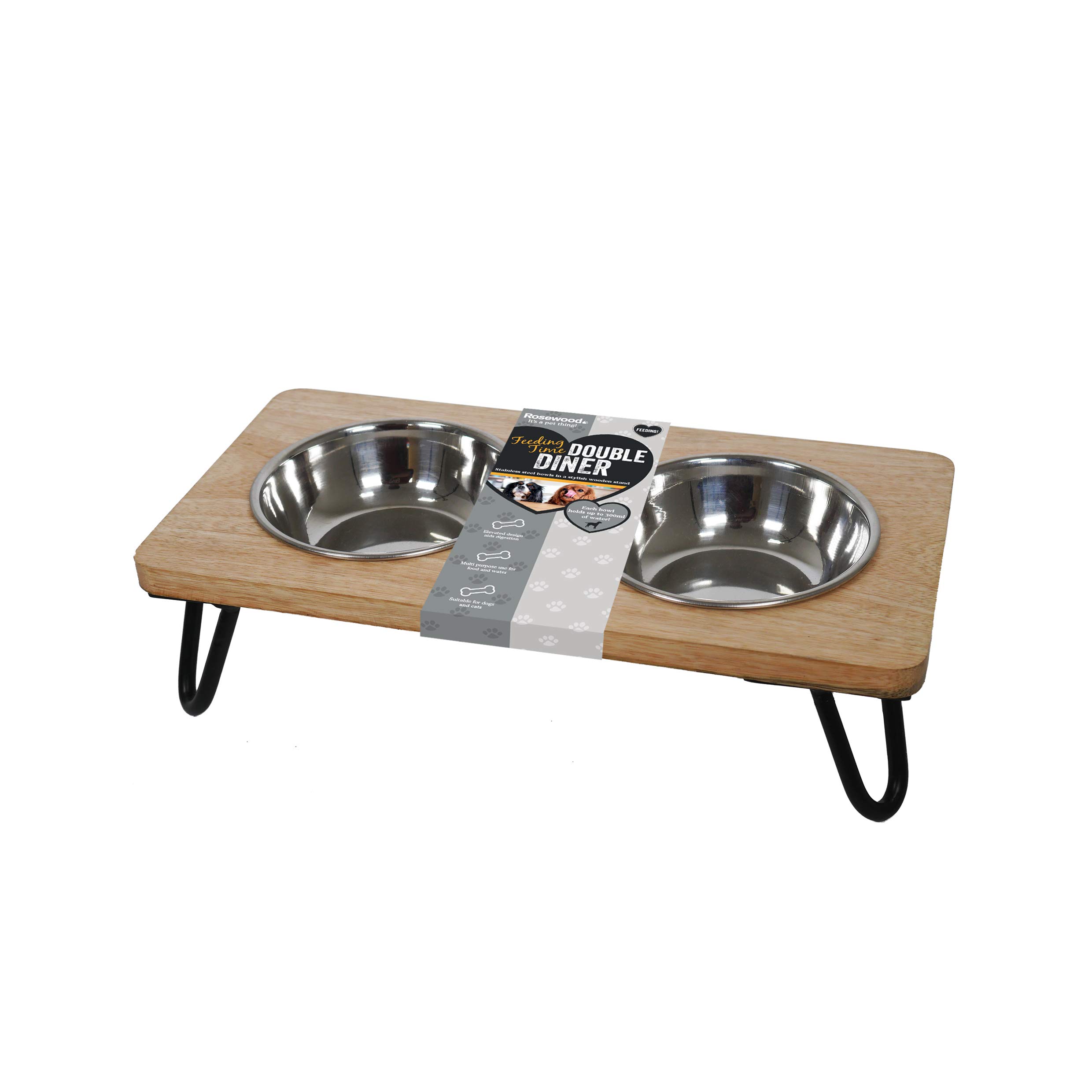 Rosewood Raised Wood Dog Bowl for Small and Medium Dogs and Cats With a Sturdy Elevated Stand and Two Stainless Steel Water and Food Bowls, Medium