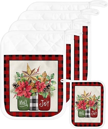 Juego de 5 agarraderas de tela de toalla de Navidad para cocina, antideslizante y aislante de calor, juego de agarraderas de tela de toalla con