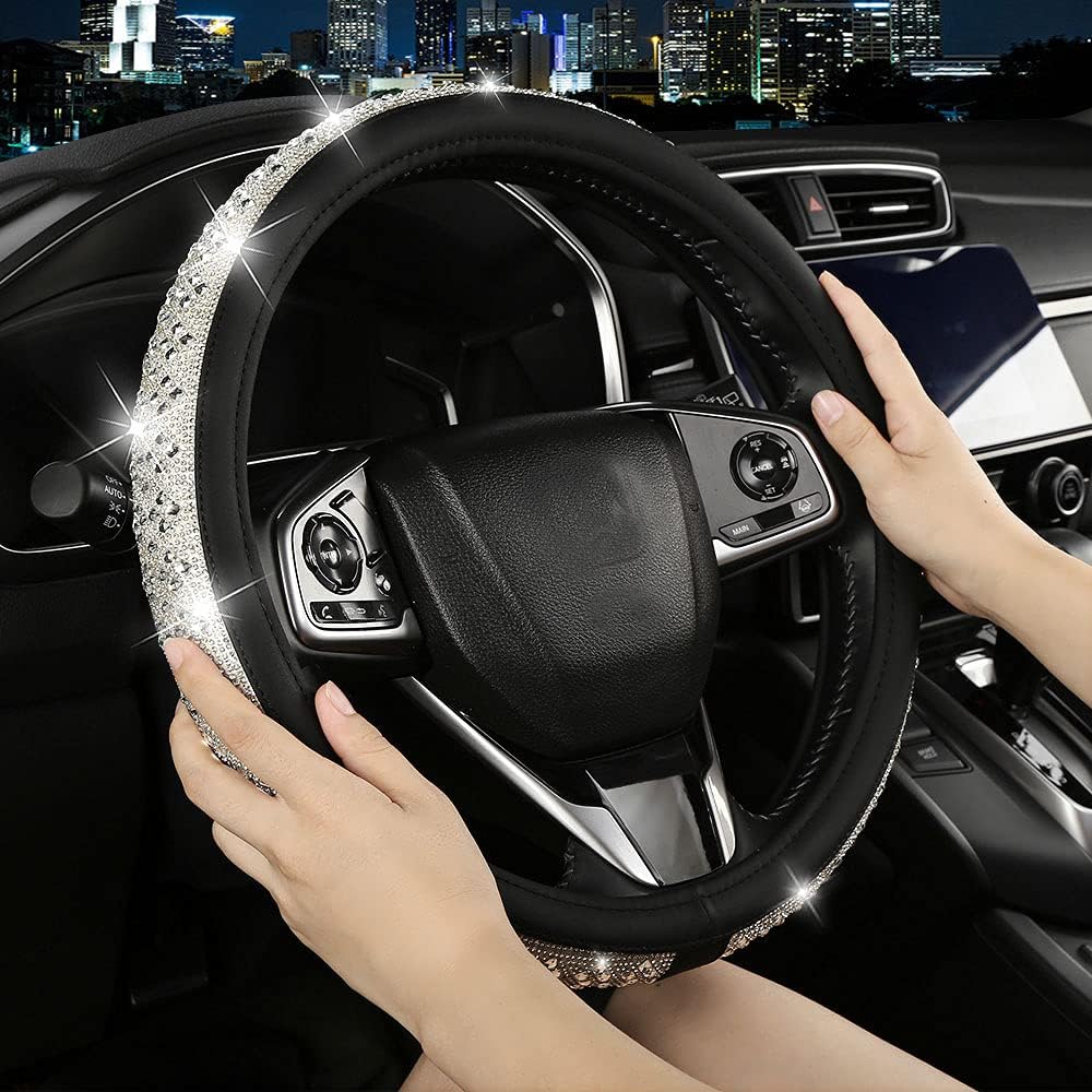Bling Rhinestone Steering Wheel Cover New Crystal Rhinestones Steering Wheel Cover for Women Girls Bling Diamond Leather Car Accessories Universal 15 Inch Wheel Protector(White)