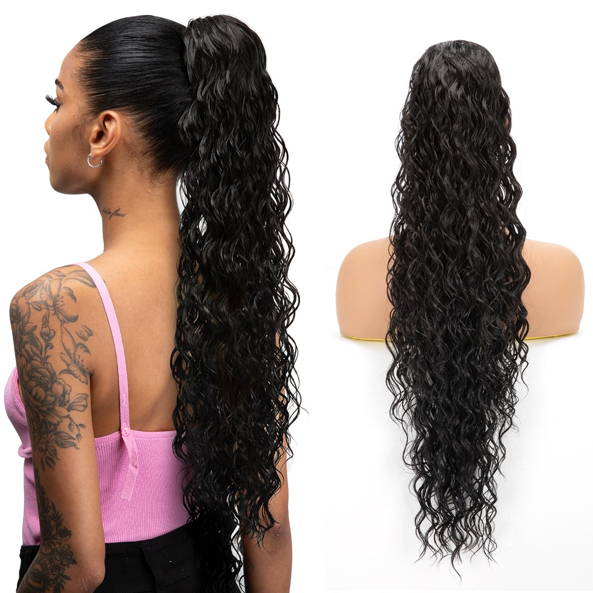 Black Drawstring Ponytail Synthetic Curly Hair Extension for Women, Adjustable Ponytail Hairpiece with Elastic Band, Natural Look & Easy to Wear​​