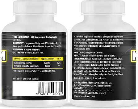 Magnesium Glycinate,120 Capsules of Magnesium Bisglycinate 1500mg per Serving, Maximum Absorption, Made in the UK-Science Fitness
