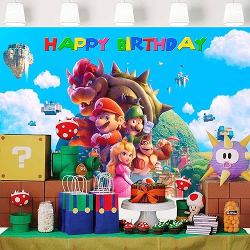 Miniatura 2 de Telón de fondo de película de Super Mario para fiesta de cumpleaños, videojuegos, fondo de cielo azul, suministros de fiesta de Mario Bros para