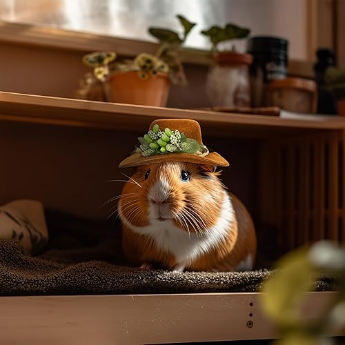 Miniatura 7 de Whaline 3 sombreros de animales pequeños, sombreros de hámster, pollo, mini vaquero, sombreros de flores, hojas marrones, conejillo de indias,