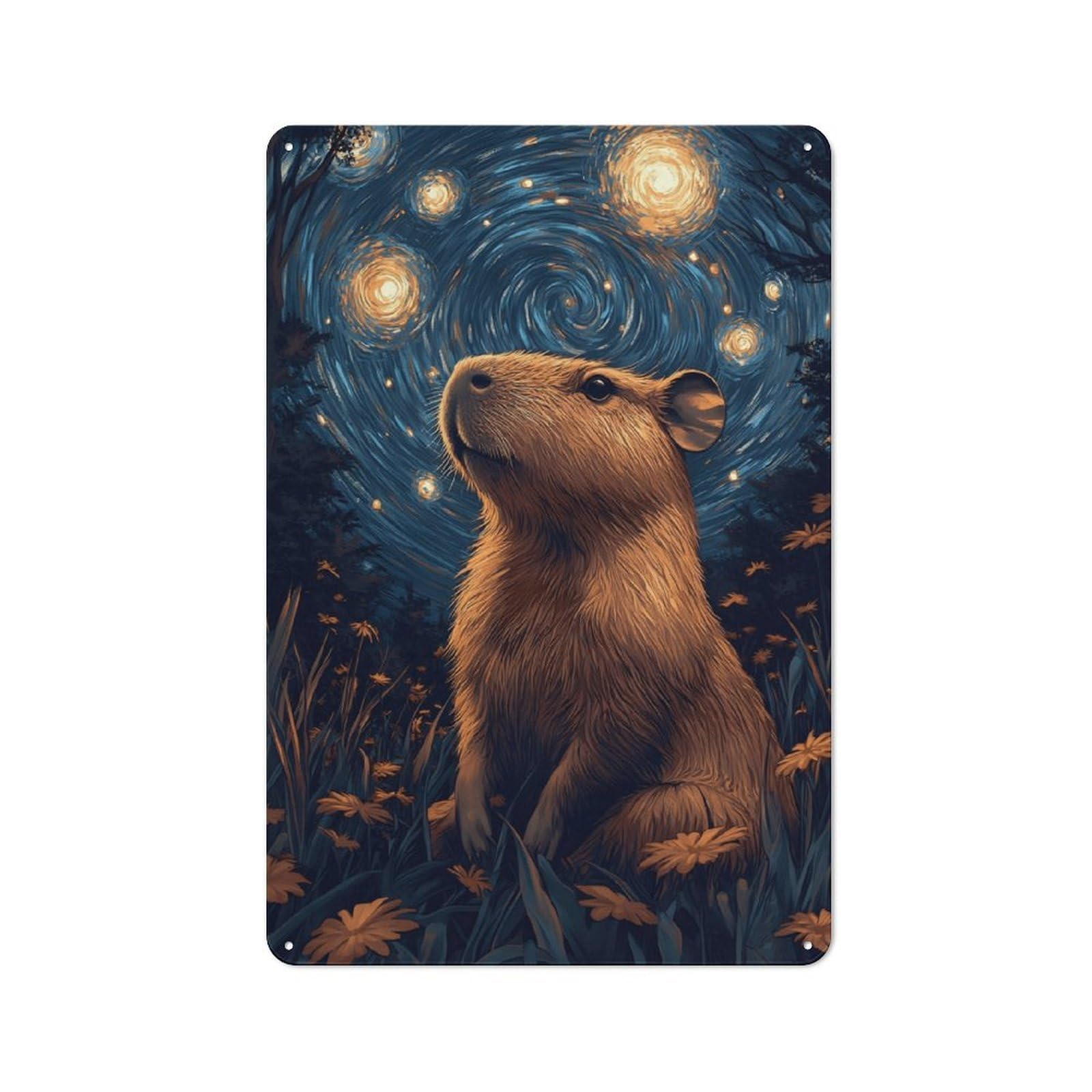 Junmoney Style Vintage Tin Sign 30X20cm With Night Capybara Painting For Man Cave Or Games Room, Suited To Wall Displays In Games Rooms And Man Caves