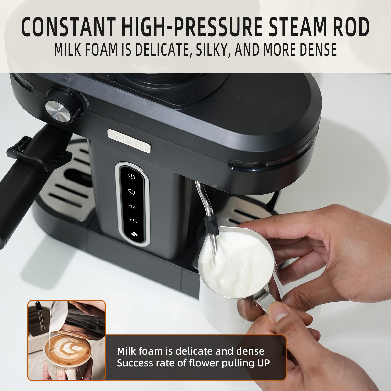 Mcilpoog AC510 Macchina da Espresso Semi Automatica 15Bar con Macinacaffè e Canna del Vapore, Macchina da Caffè Espresso 3-in-1 Compatta con Serbatoio Acqua Rimovibile da 800 ml per Cappuccino o Latte