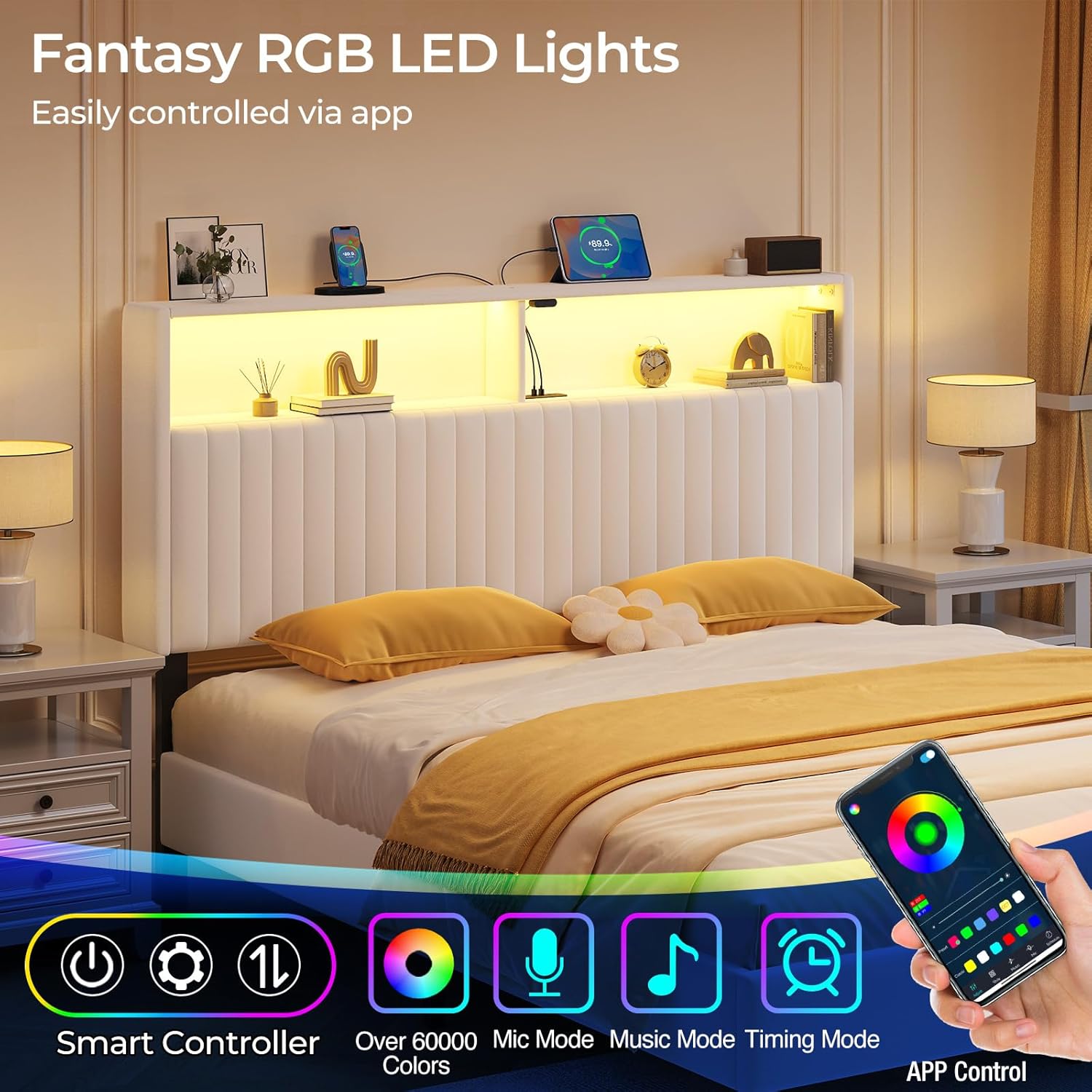 Headboard with LED lights illuminating the storage shelves, showing items stored and a phone displaying the app control interface