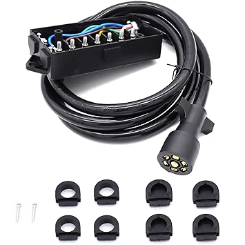 8 Foot 7 Pin Trailer Plug Wiring Harness 7 Way RV Trailer Cord Wire with 7 Gang Waterproof Junction Box