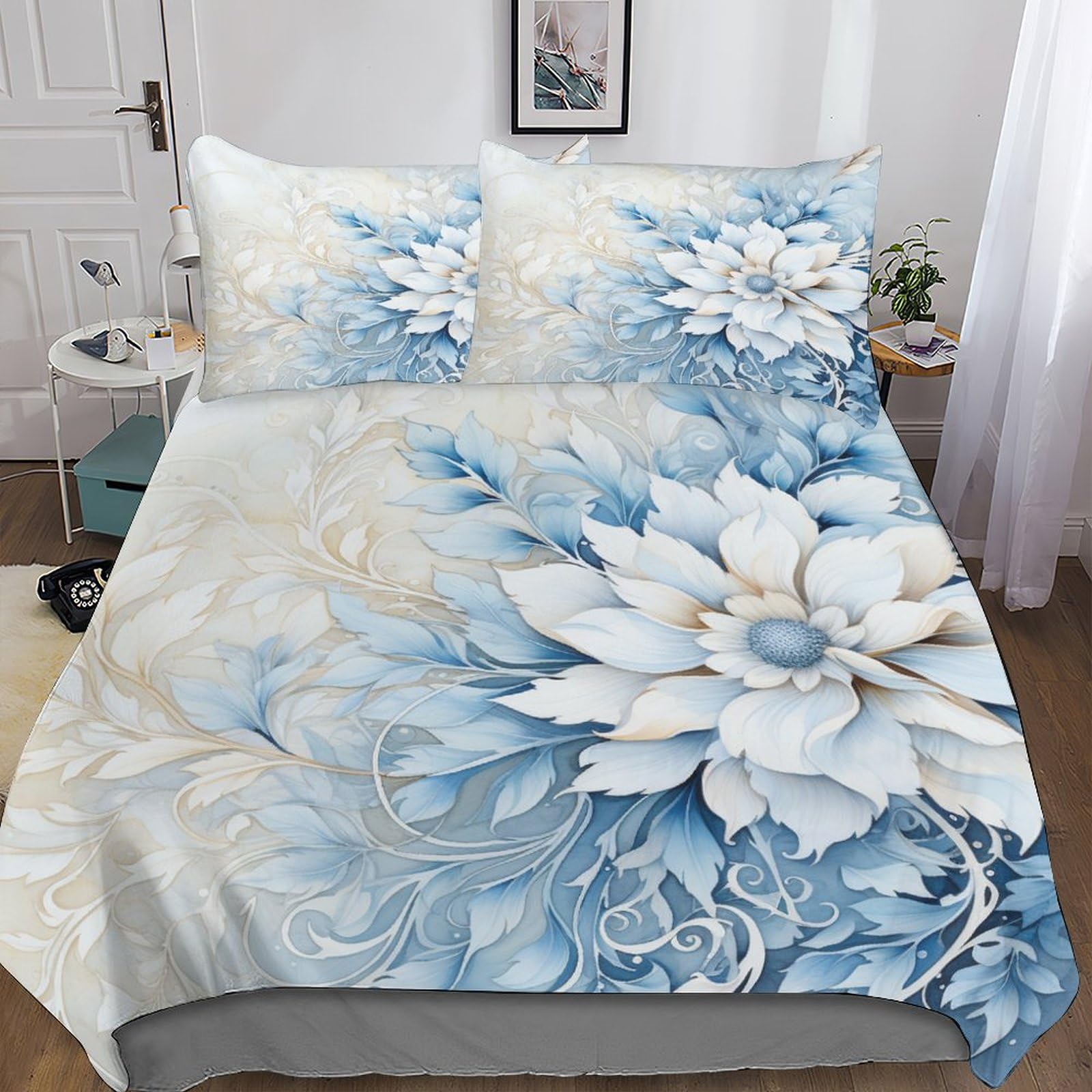Housse de couette sans repassage LAMAME fleur bleue lit king parure microfibre infroissable