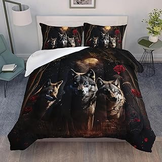 AILONEN Wolves Comforter Set Twin Size for Boys Girls, Red Rose & 3 Wolves Bedding Set Outdoor Wild Animals Wolves Print Duvet Set 3 Pieces, 1 Quilt and 2 Pillowcases