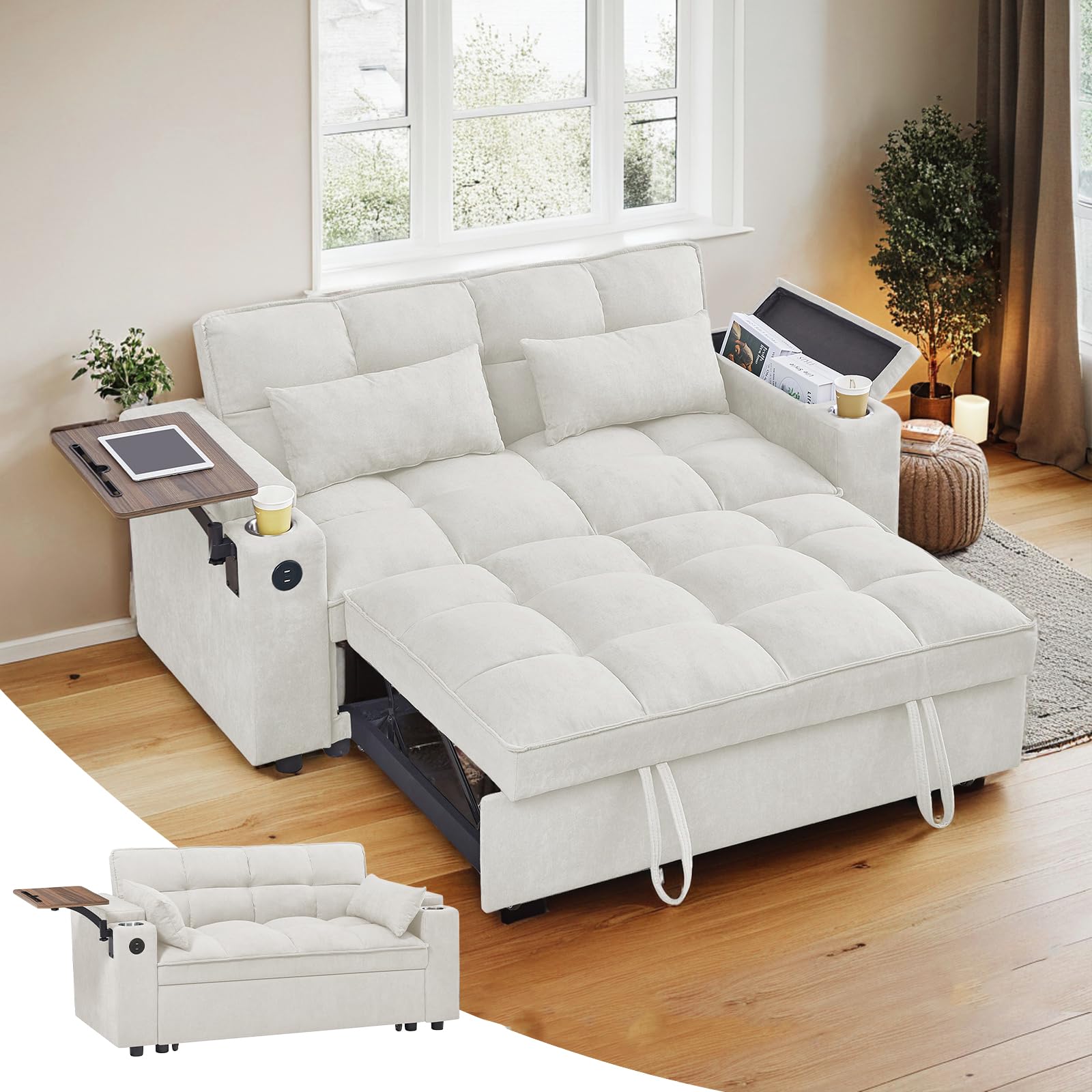 3 in 1 Sleeper Sofa Bed, Pull Out Couch with Side Table, 65'' Convertible Loveseat with Adjustable Backrest, Chaise Lounge with USB and Type-C Ports for Living Room Office, White