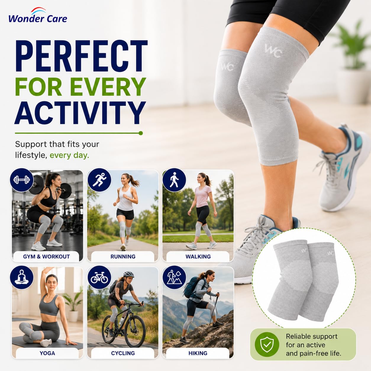 Wonder Care Genouillère en bambou noir pour homme/femme, genouillère pour la course, la gym, le badminton, le sport, genouillère de compression | Genouillère parfaite pour les douleurs au genou et un
