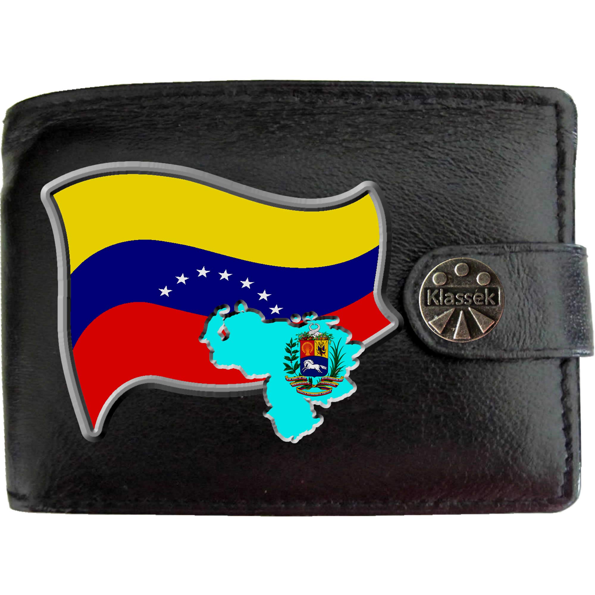 Venezuela Flag Venezuelan Map and Coat of Arms COA KLASSEK Mens Wallet Real Black Leather RFID Blocking with Coin Pocket and Metal Gift Box