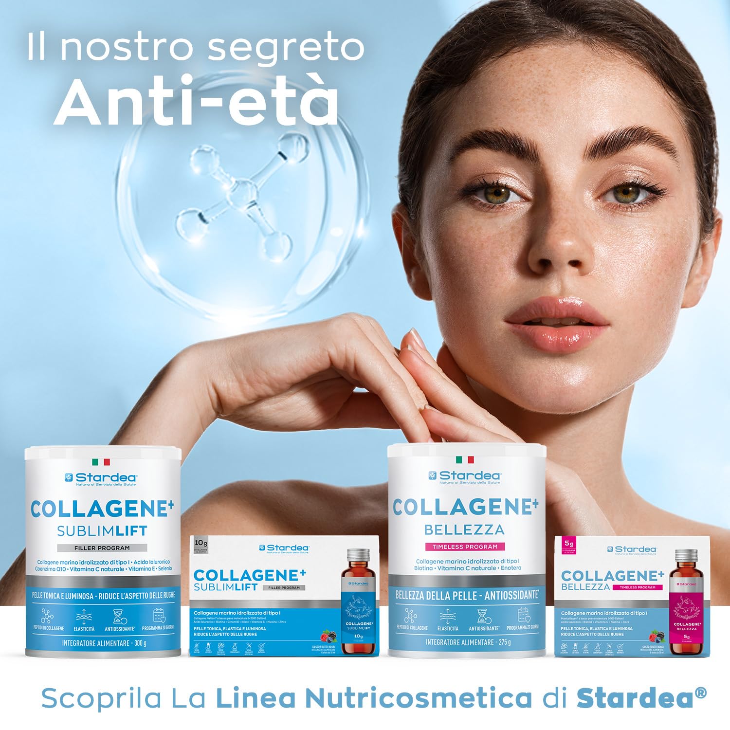 COLLAGENE MARINO E ACIDO IALURONICO | 10g COLLAGENE MARINO IDROLIZZATO CON ACIDO IALURONICO + VITAMINA C + BIOTINA + ZINCO | Collagene da Bere 10 FLACONI | STARDEA COLLAGENE+ SUBLIMLIFT SHOT