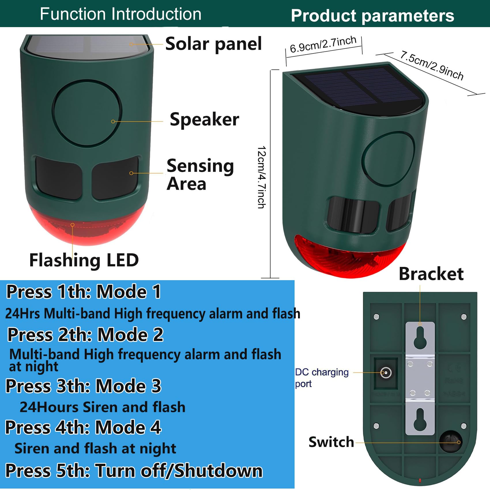 KINGCOO Alarma solar con sensor de movimiento para exteriores, luz estroboscópica LED roja, 4 modos de trabajo, 129 dB, sonido fuerte, detector de movimiento, sirena de seguridad para el hogar