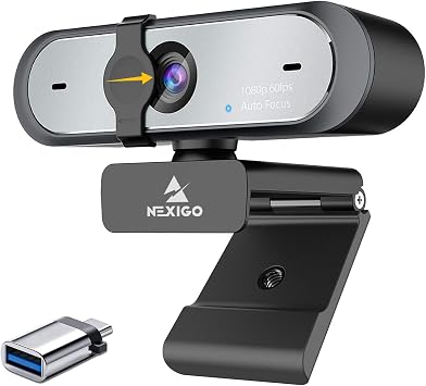 NexiGo Webcam with USB C Adapter, 60FPS 1080P Webcam with Microphone, AutoFocus, Privacy Cover, Thunderbolt 3 to USB 3.0 Adapter, for Zoom/Skype/Teams Online Teaching, Laptop MAC PC Desktop