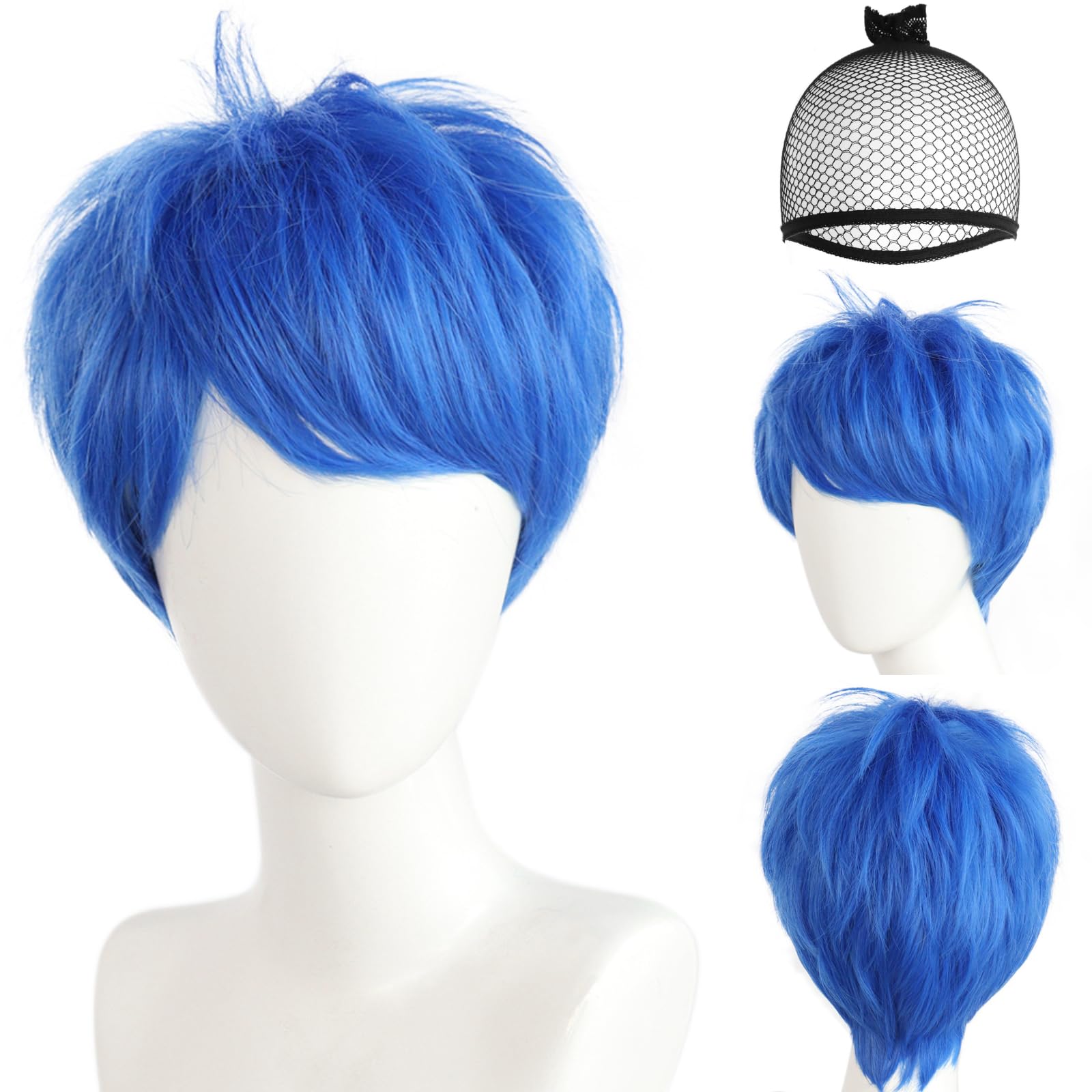 JoneTing Short Blue Wig【+Hair Cap】 Women Blue Layered Wig with Bangs for Men Blue Layered Hair with Bangs Short Blued Cosplay Wigs Halloween Themed