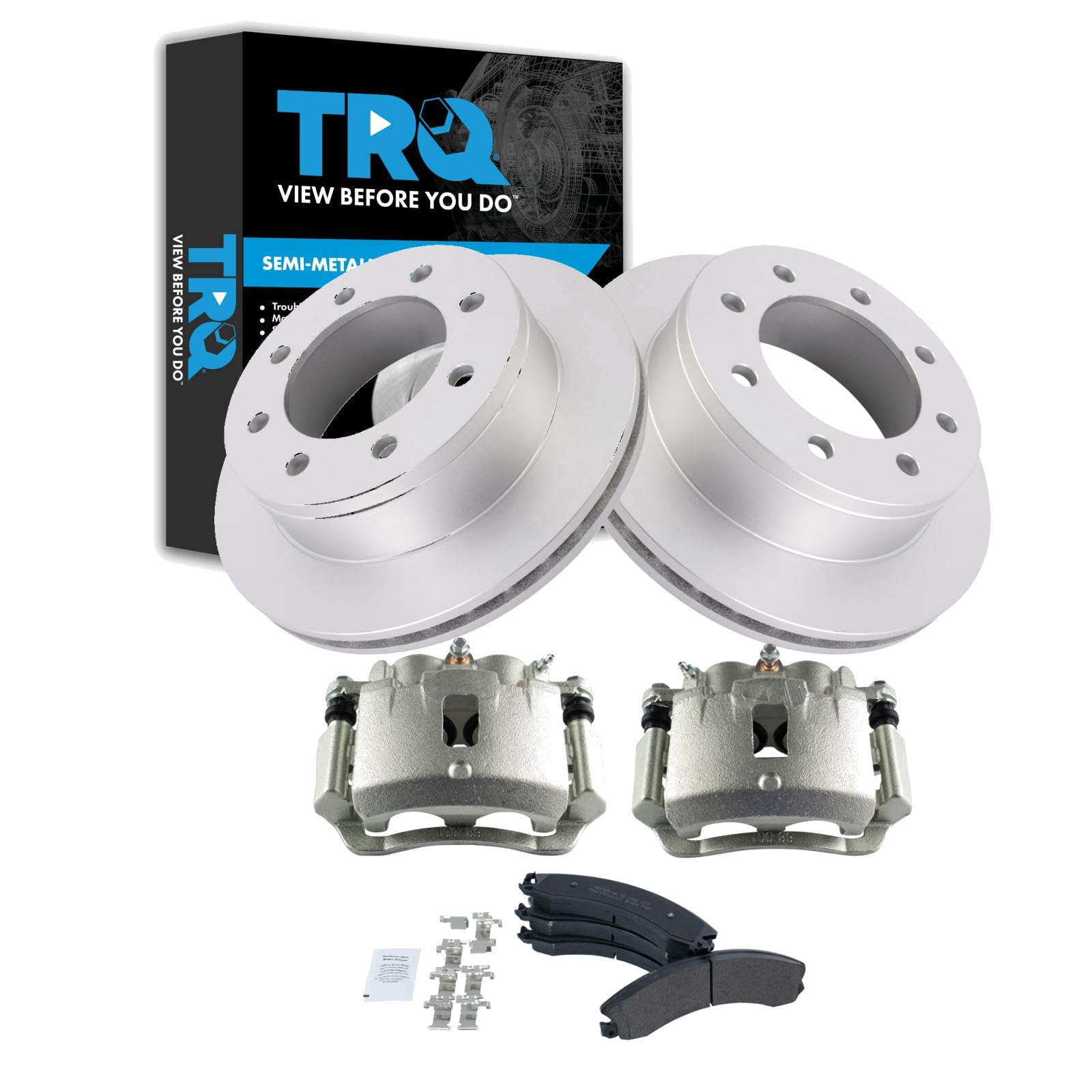 TRQ Rear Brake Pad, Caliper, &amp; Rotor Kit Semi-Metallic Compatible with 2009 Chevrolet Express 3500 2009-2016 GMC Savana 3500