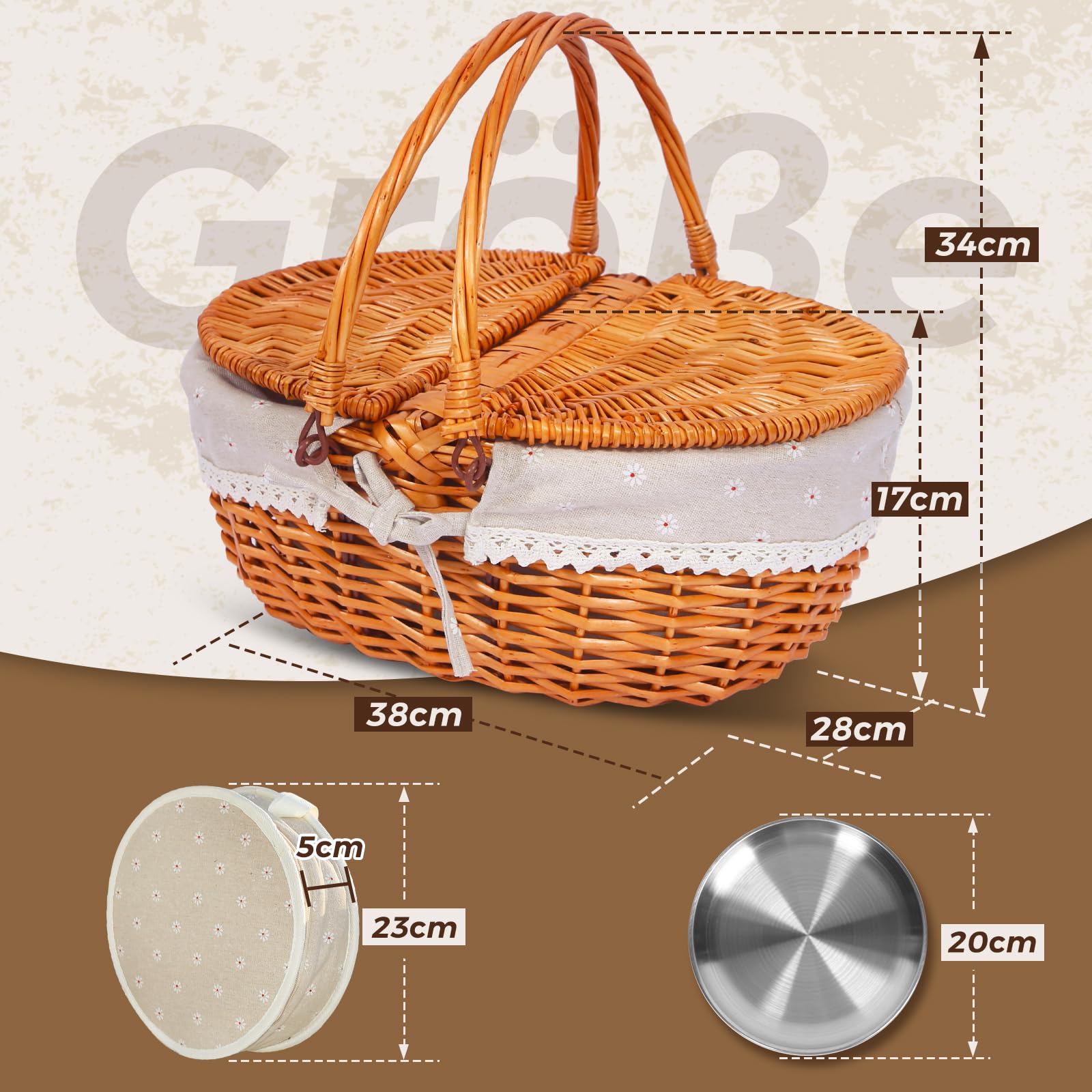 Juego de cesta de picnic de mimbre para 4 personas con tapa y asa, cesta de picnic con forro lavable y juego de cubiertos para exteriores, camping, Halloween, Navidad y cumpleaños