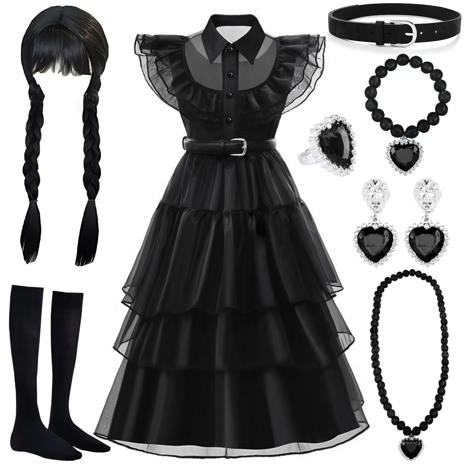 MWZEAUL Disfraz Halloween para Niña, Vestido Negro con Peluca y Accesorios, Halloween Disfraces Cosplay para Halloween Carnaval Fiesta para Niña 4-5 Años