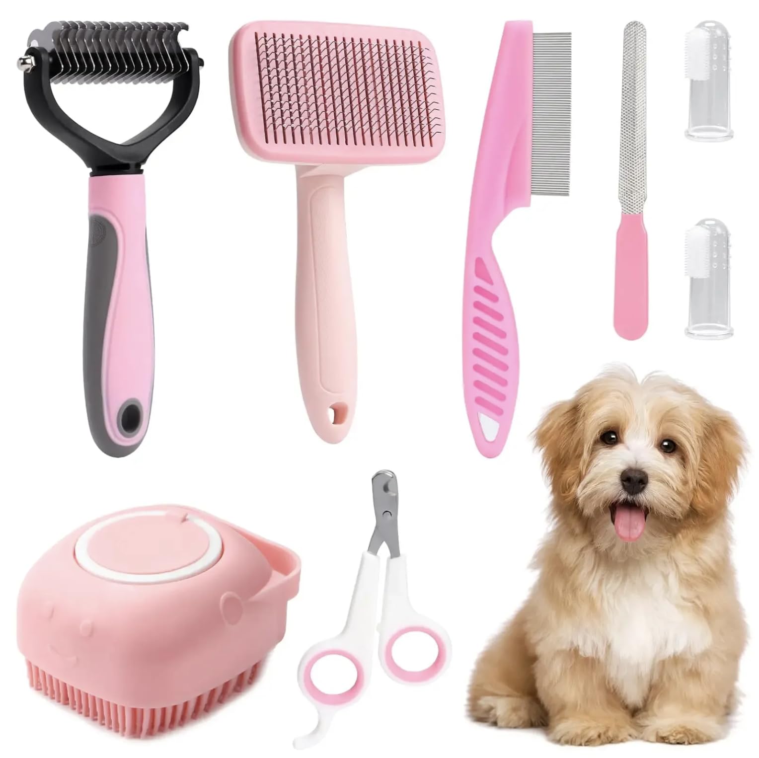 8-piece dog brush grooming set, pet self-cleaning set, with pet nail clippers and files, flea comb, pet shampoo bath brush, Pink and Blue colour variation set (Pink)