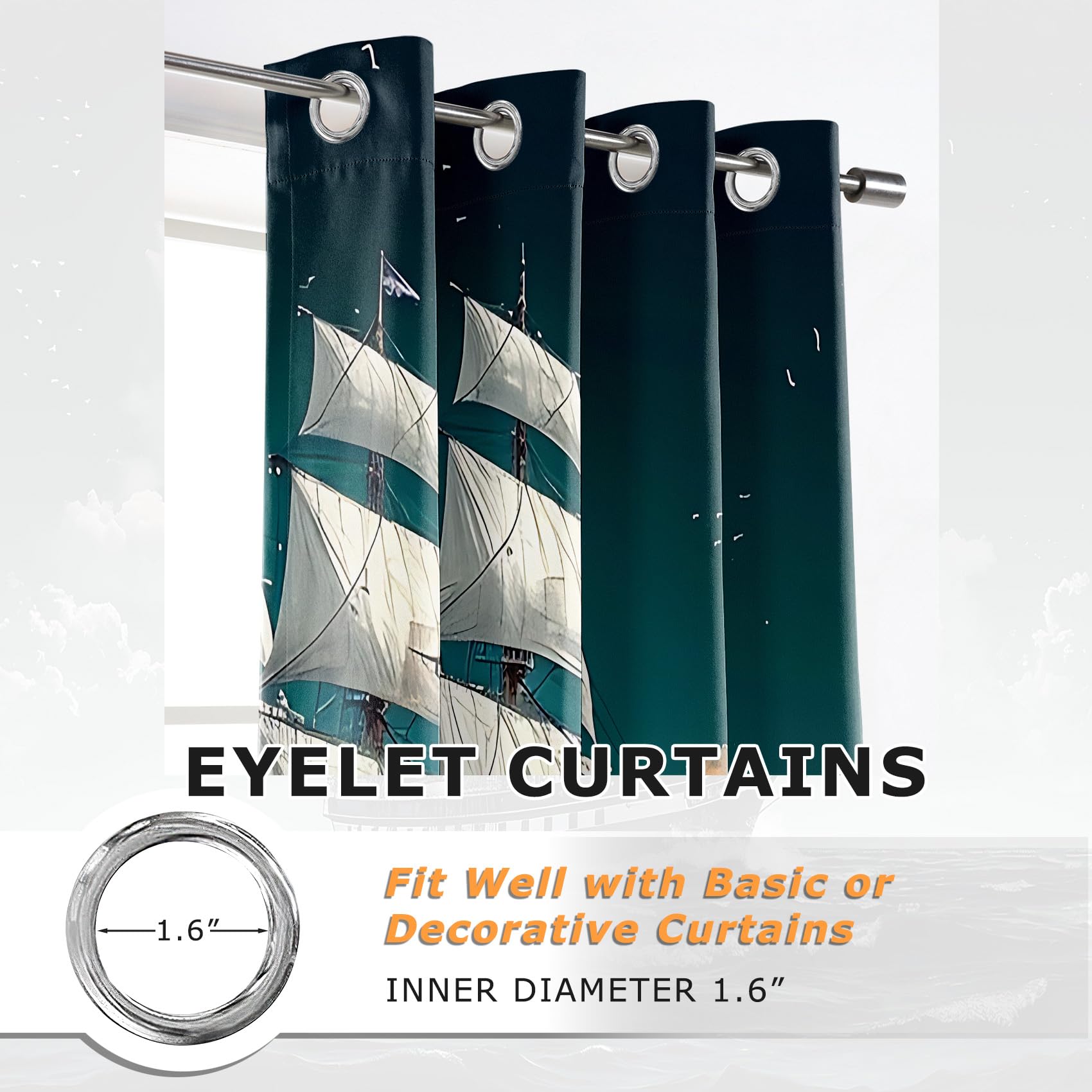 Vorhänge Segelboot - Nautische Meer Maritim Fenster Gardinen mit Ösen, Vorhang Blickdicht Verdunklungsvorhänge Thermovorhang für Wohnzimmer Schlafzimmer Deko 2er Set, H 137 x B 117 cm E#-101