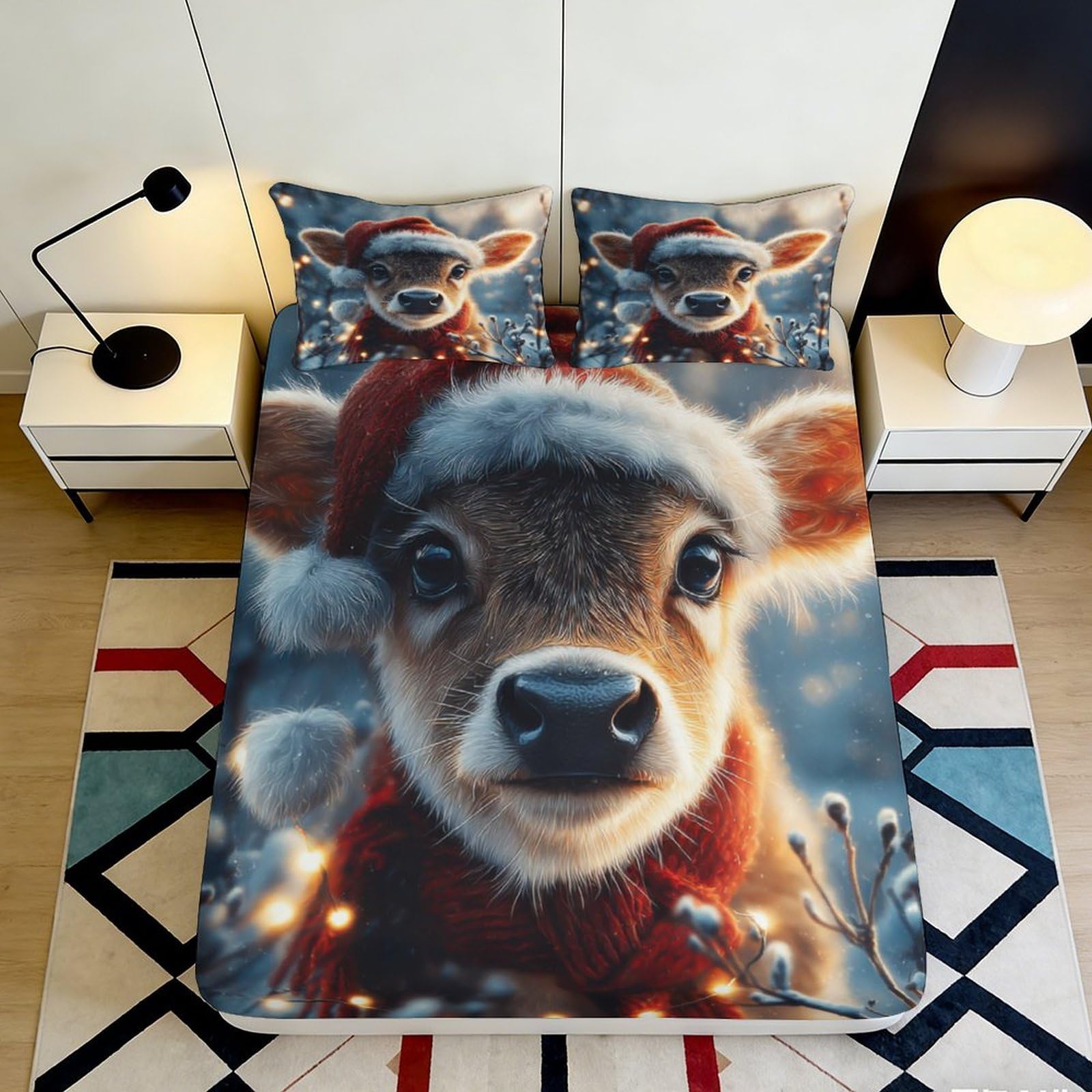 3D Printed Christmas Deer Fitted Sheet Microfiber Soft Breathable Winter Forest Bed Cover for Bedroom Guest Room 160x200x25cm