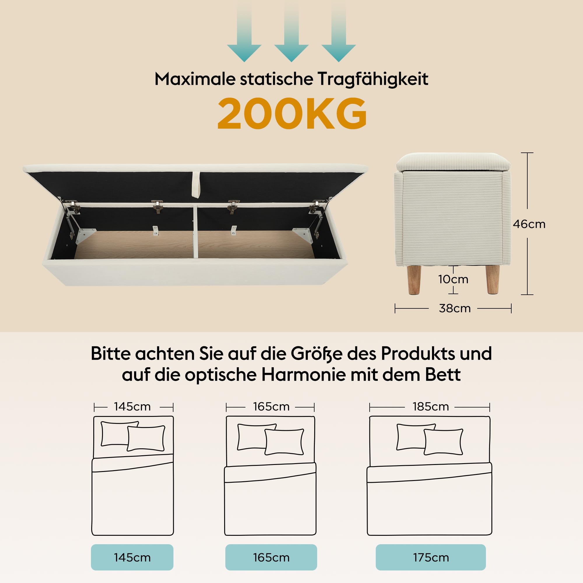 OKMYHOME Banc de Lit avec Coffre de Rangement Hydraulique, Assise en Velours Côtelé Beige, Bois Massif et MDF, 145x38x46 cm