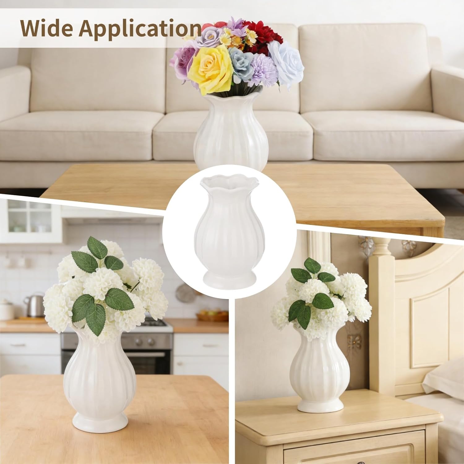 White Wavy Edge Ceramic Vase, Modern Ribbed Flower Vase for Home Decor, Scalloped Opening Pedestal Vase, Minimalism Elegant Table Centerpiece for Dining Table Mantle Bedside Shelves