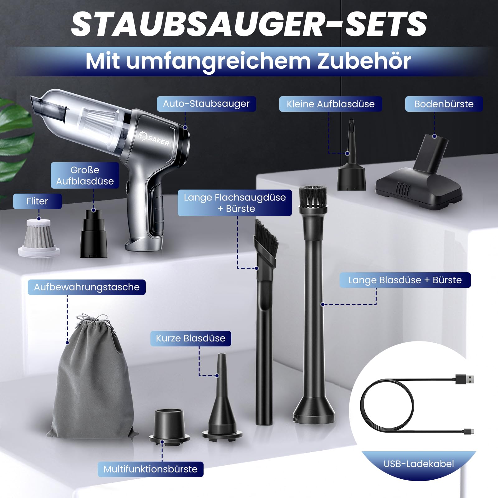 Saker Handstaubsauger Akku Kabellos, 3-in-1 Mini Staubsauger mit Blas und Vakuumfunktion, 15000Pa Starker Autostaubsauger, Handsauger für Auto, Zuhause und Tierhaare